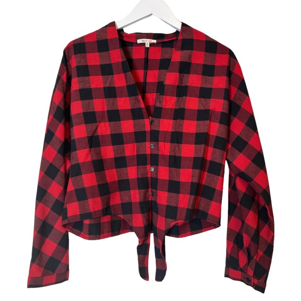 BLEUH CIEL Western Buffalo Plaid Tie Front Blouse/Top With V Cut Red/Black Med